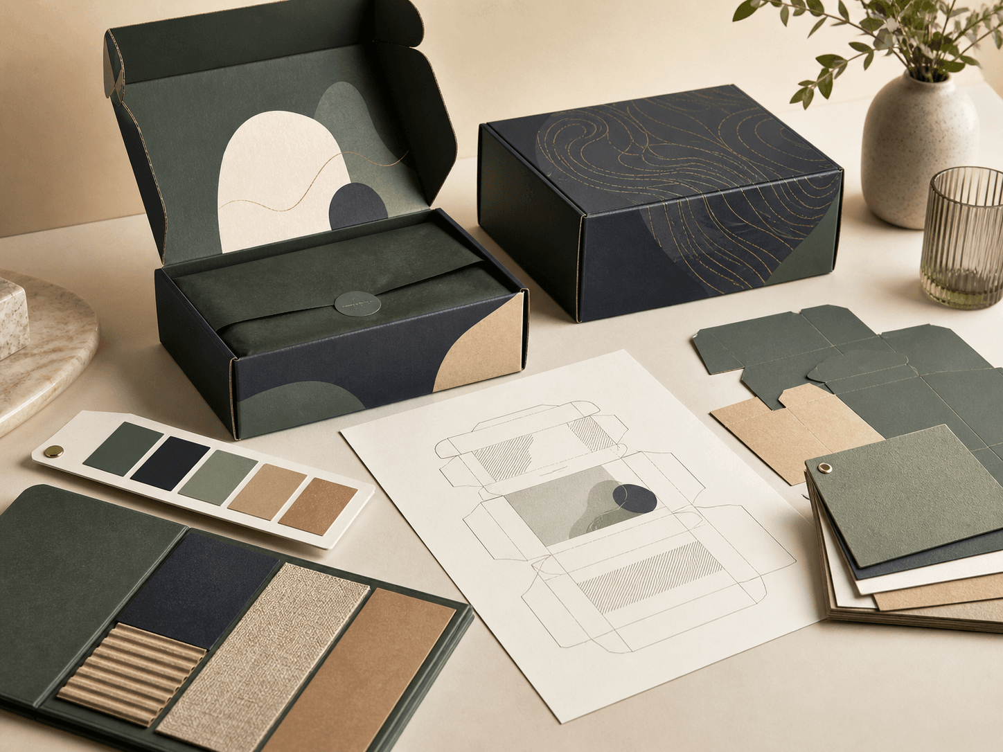 Packaging samples, dieline sheet and material swatches arranged for a custom packaging enquiry.