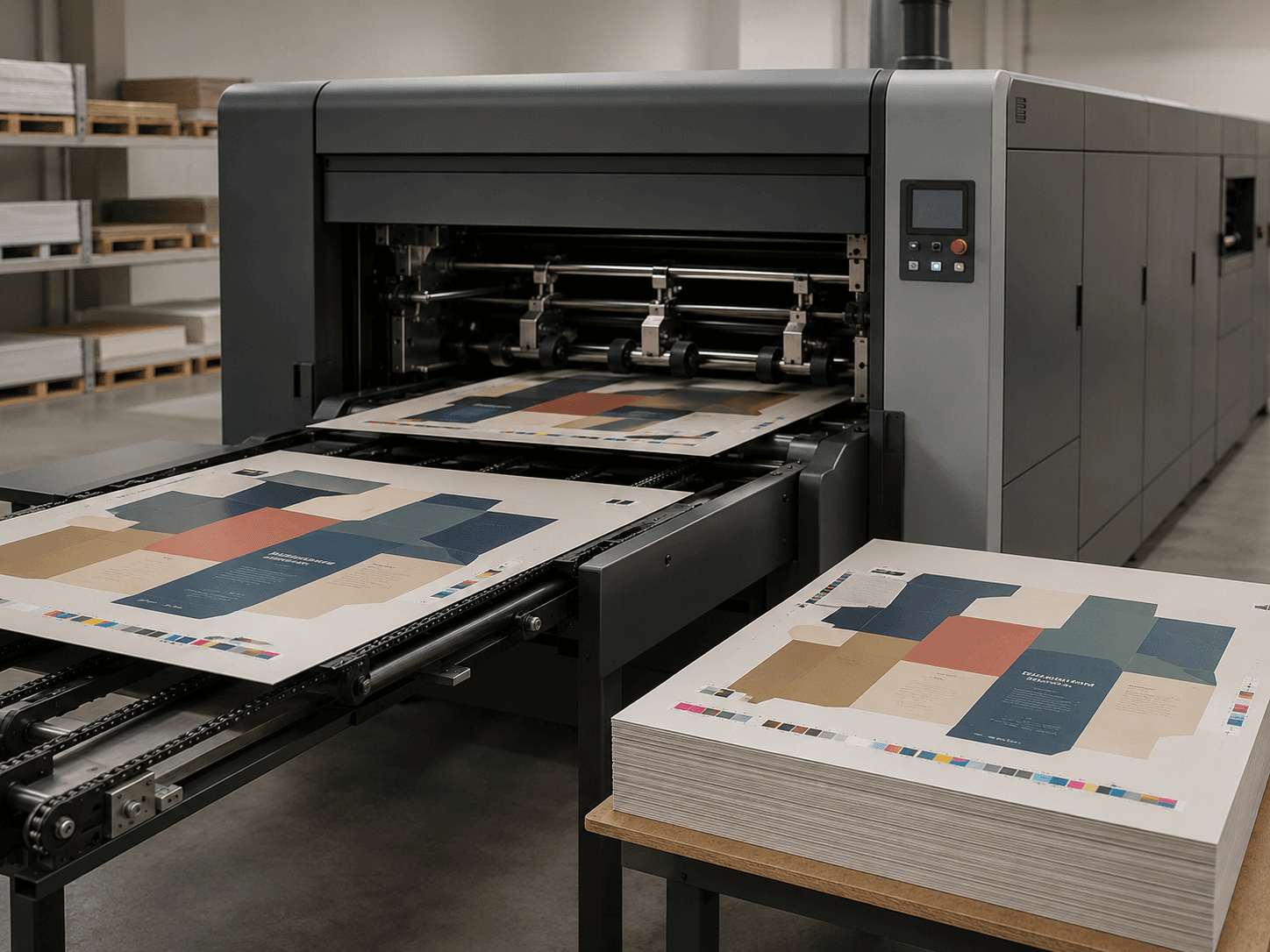 Digital printing press producing paperboard packaging sheets with finished carton samples nearby.