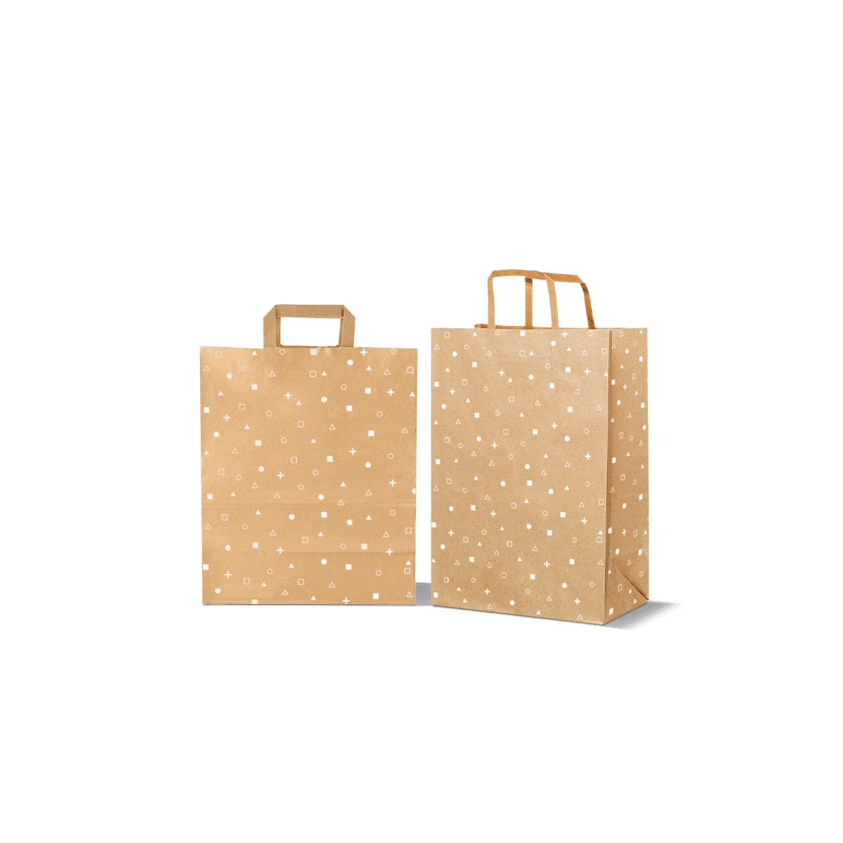 Recyclable paper bags in kraft and soft white paper stock with understated printed branding, shown for eco-conscious retail packaging.