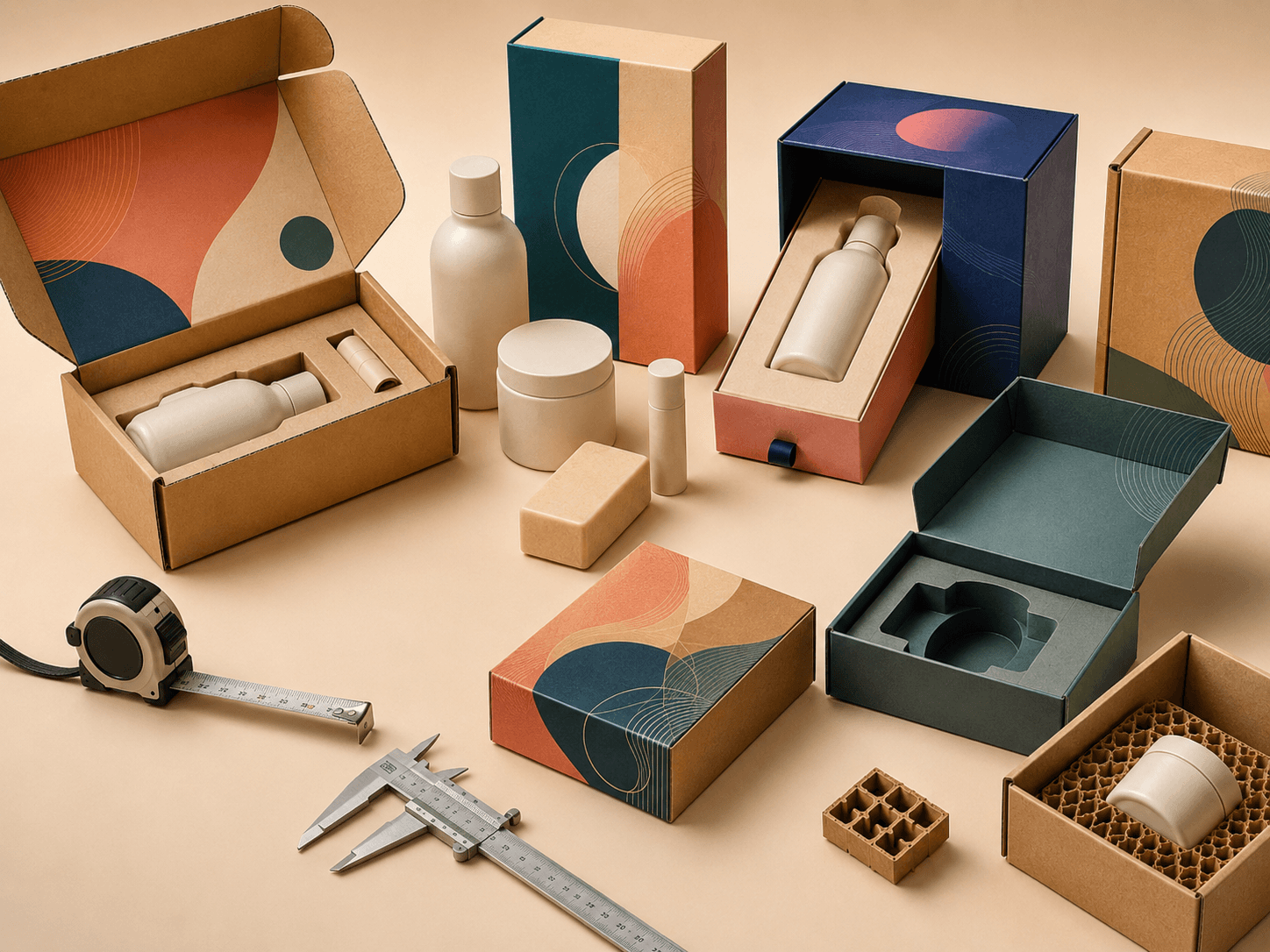 Premium packaging planning scene showing product measurements, sample boxes and material choices arranged around product fit.