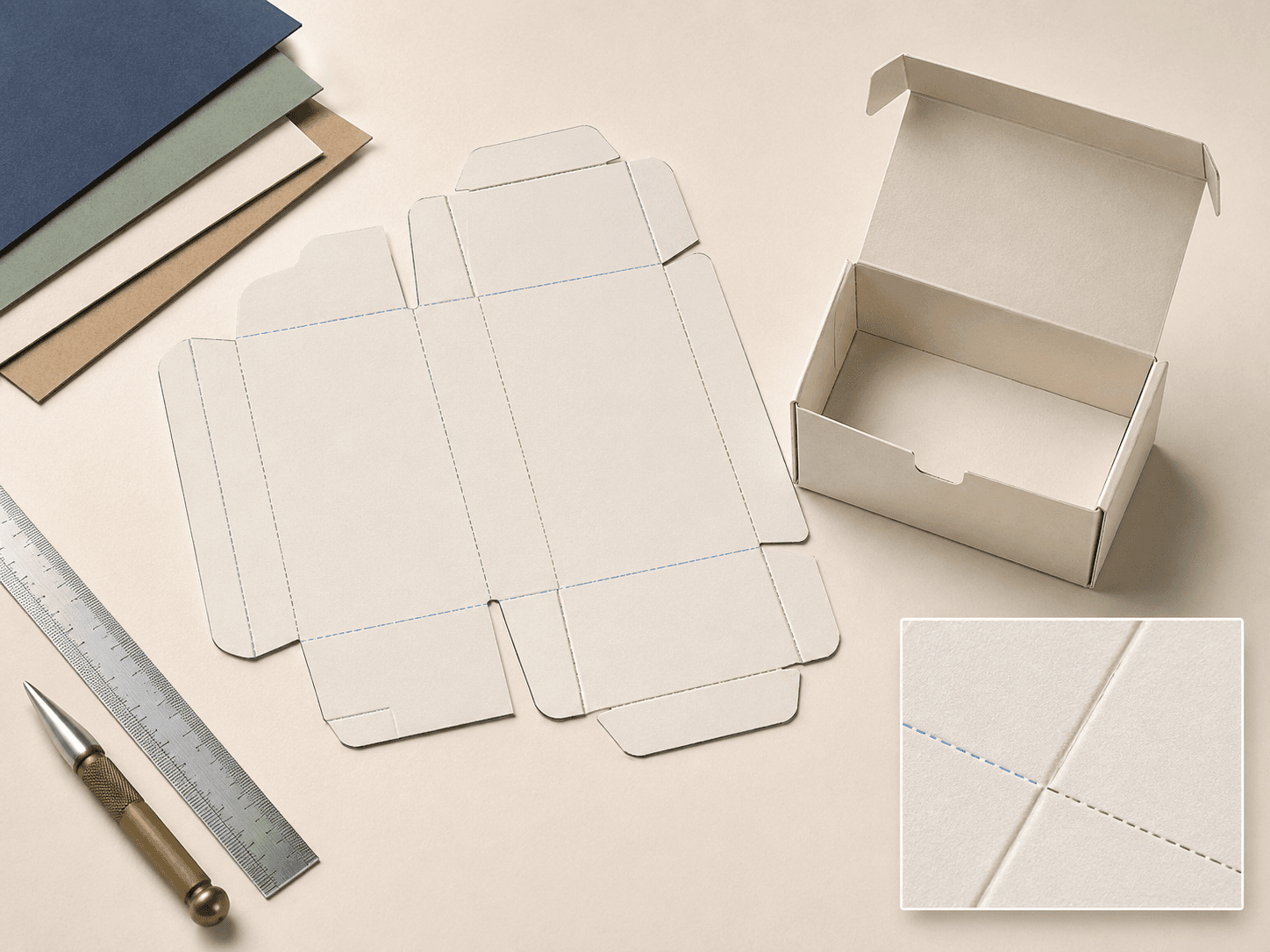 Paperboard packaging blank with highlighted fold lines, crease positions and a partially folded box sample.