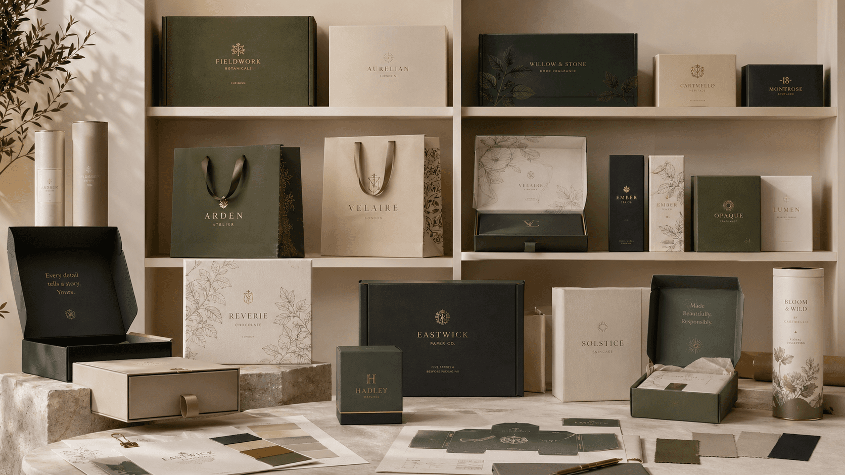 Custom premium boxes arranged over a shelf