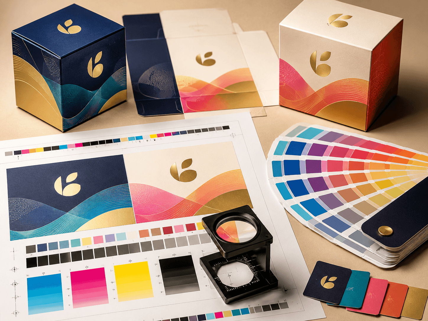 Colour matching scene with CMYK print sheets, Pantone-style swatches and branded custom packaging samples.