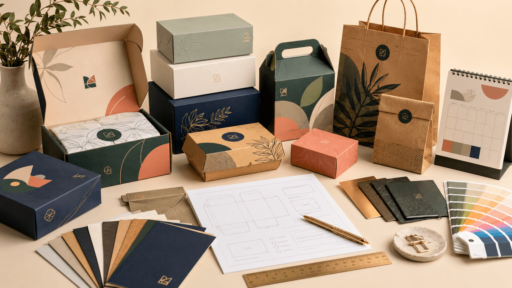 Custom packaging samples with mailer boxes, food boxes, paper bags and rigid boxes arranged for UK packaging cost planning.