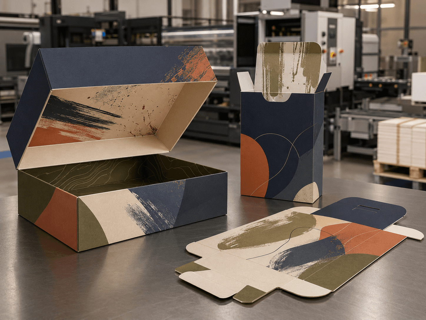 Printed carton blanks and open packaging showing both inside and outside printing.