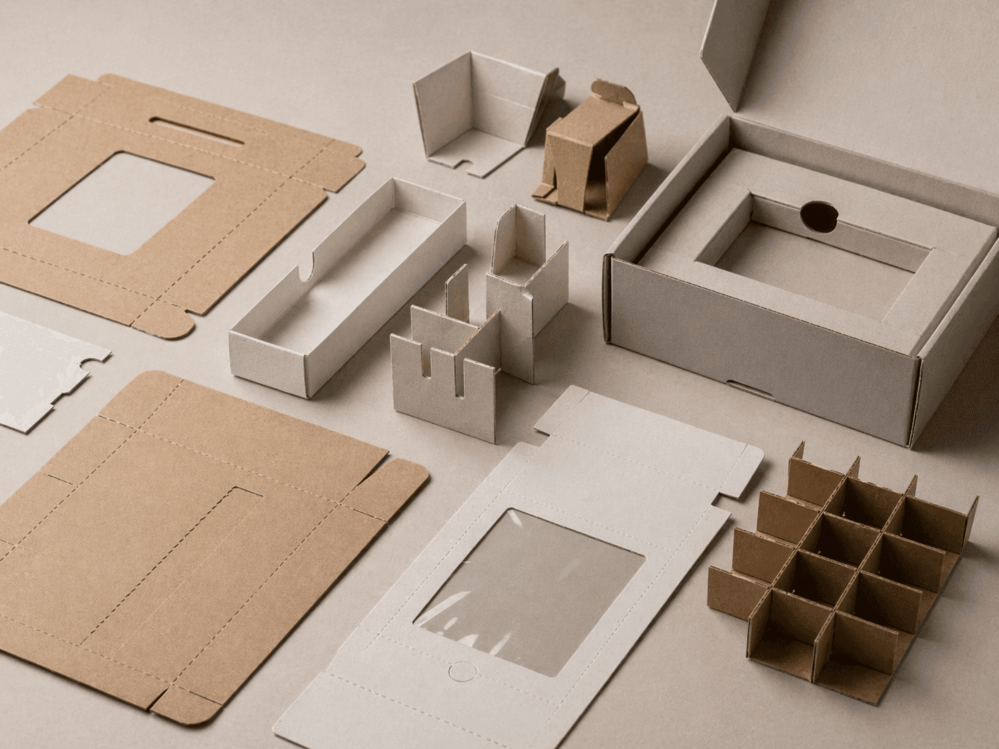 Packaging structural detail samples showing die-cut inserts, cardboard dividers, window patching, perforations and locking tabs.