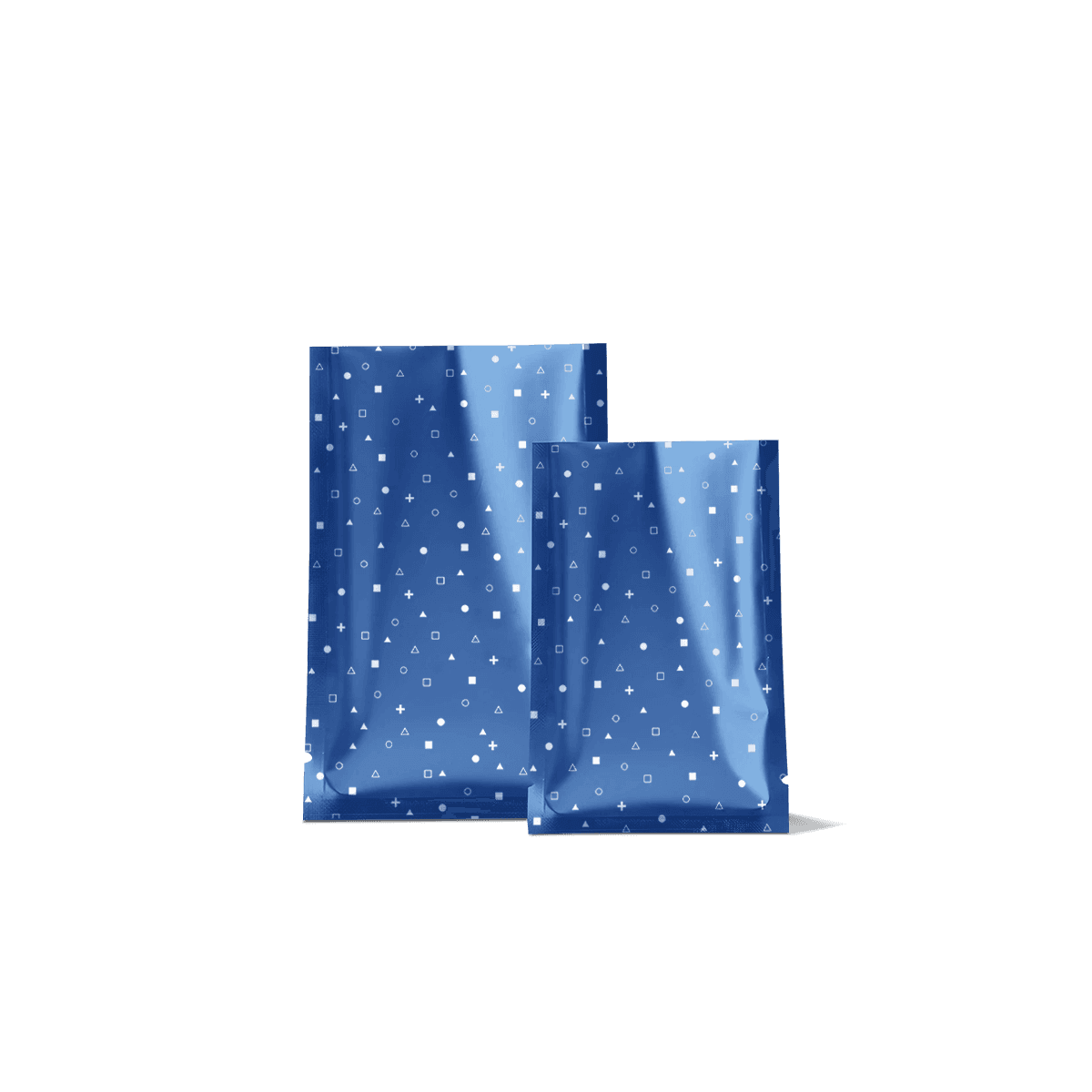 Heat seal mylar bags with clean sealed tops and printed barrier surfaces, displayed for secure product filling, storage and retail presentation.