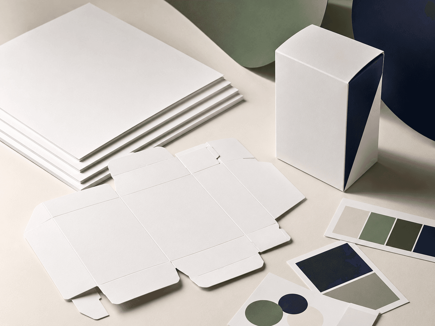 Bright white SBS stock with colour proof cards and premium folding carton sample.