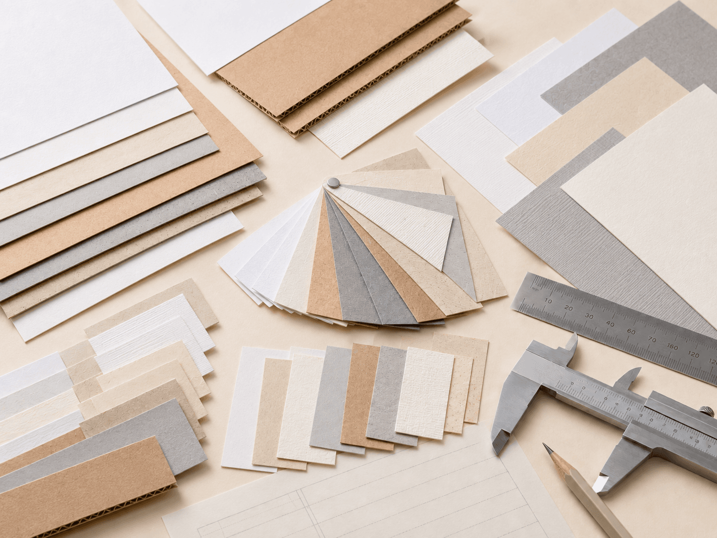 Board swatches arranged to compare packaging material thickness, texture, colour tone and surface feel.