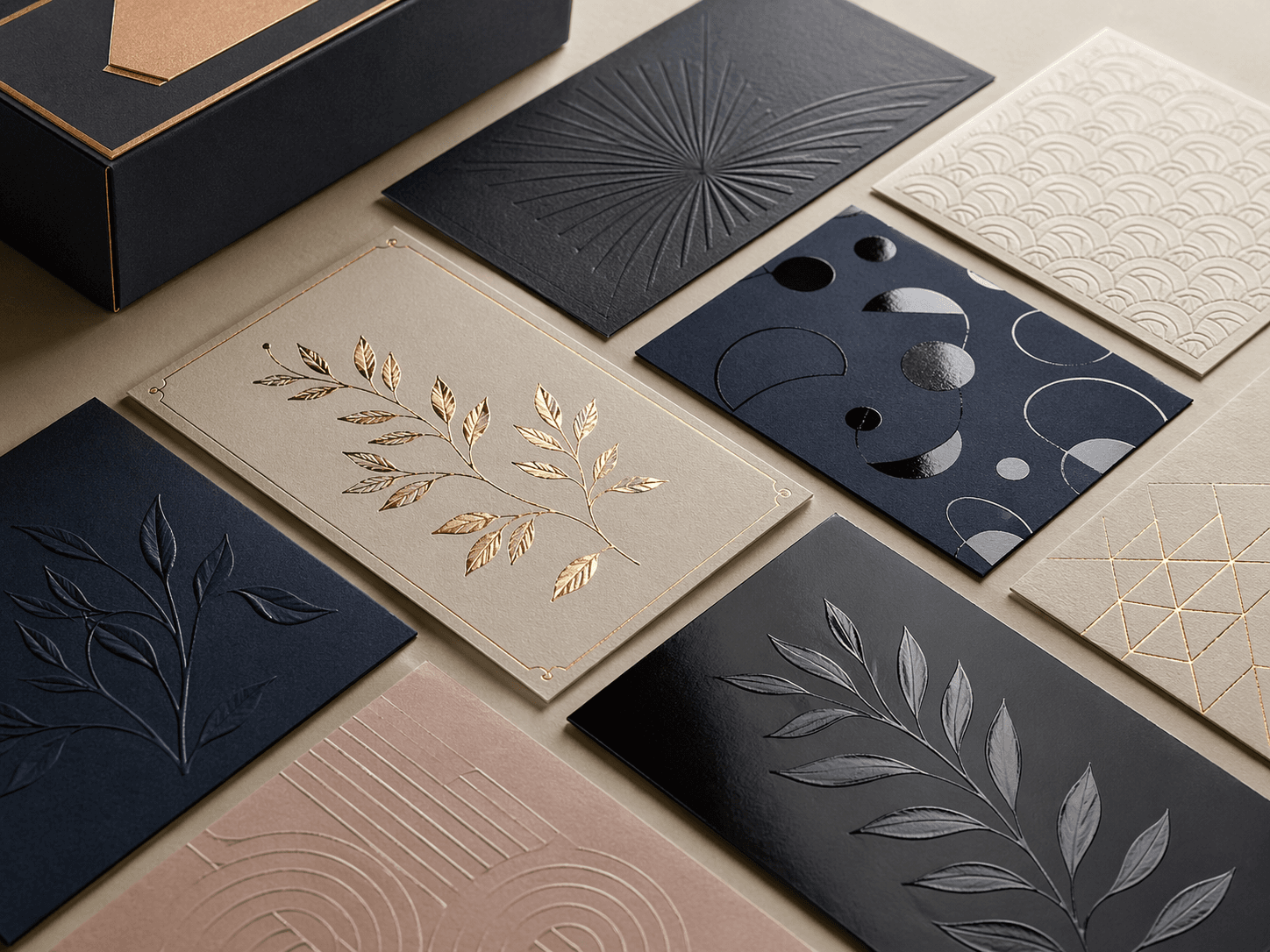 Premium packaging finish samples showing matte lamination, gloss, soft-touch, foil blocking, embossing, debossing and spot UV.