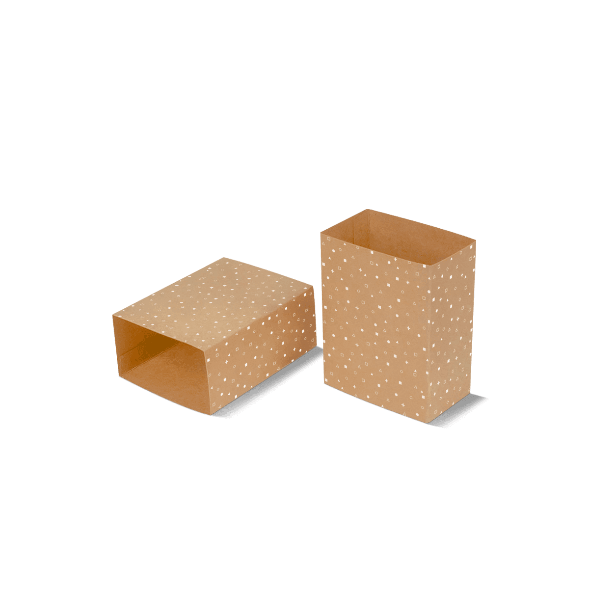 Natural kraft sleeves with simple printed branding, shown around paperboard boxes and product trays for recyclable retail packaging.