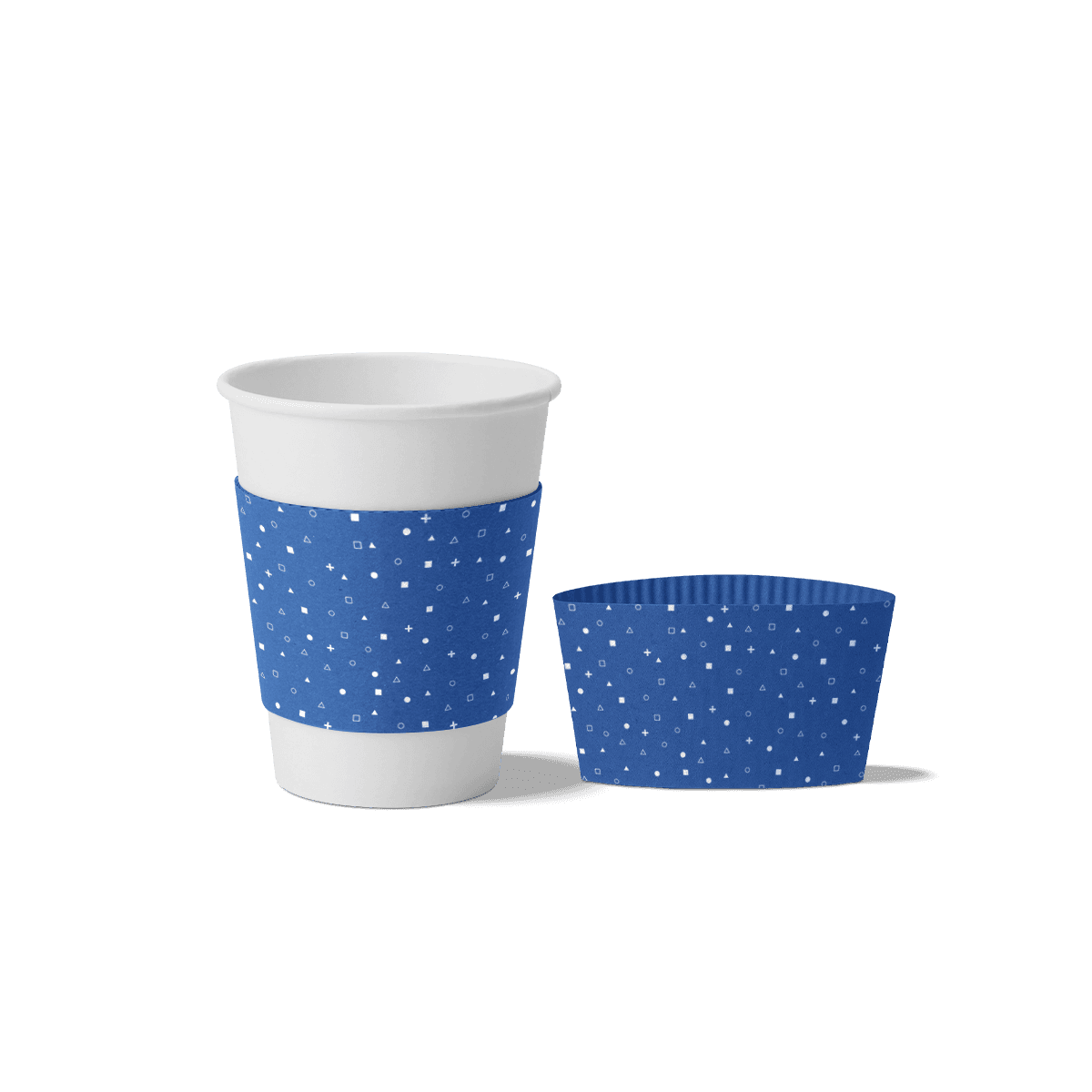 Printed coffee cup sleeves in kraft paperboard wrapped around takeaway paper cups, shown with realistic texture and café packaging detail.