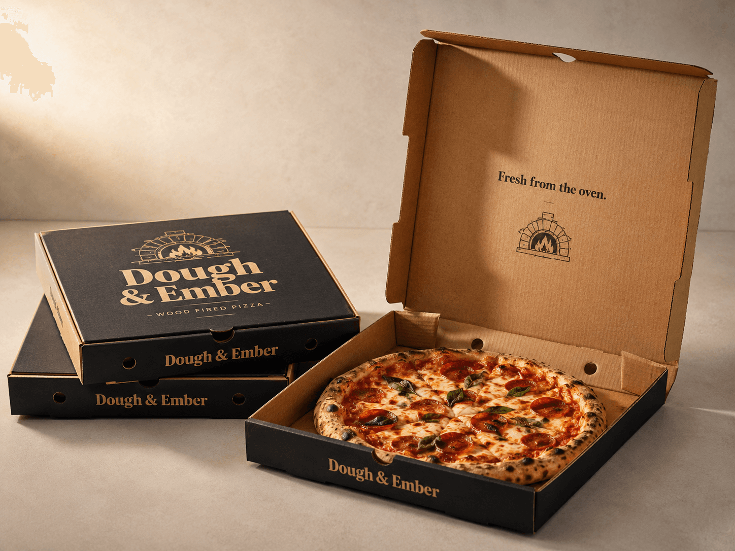 Custom printed pizza boxes for a UK pizza business with branded delivery packaging