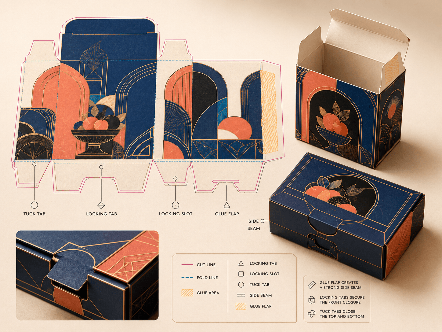 Technical packaging dieline showing glue areas, locking tabs, slots and assembled paperboard box samples.