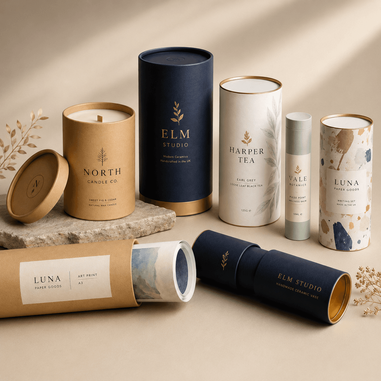 Premium custom tube packaging for candles, posters, cosmetics, tea, gifts and retail products in kraft, white and printed finishes.