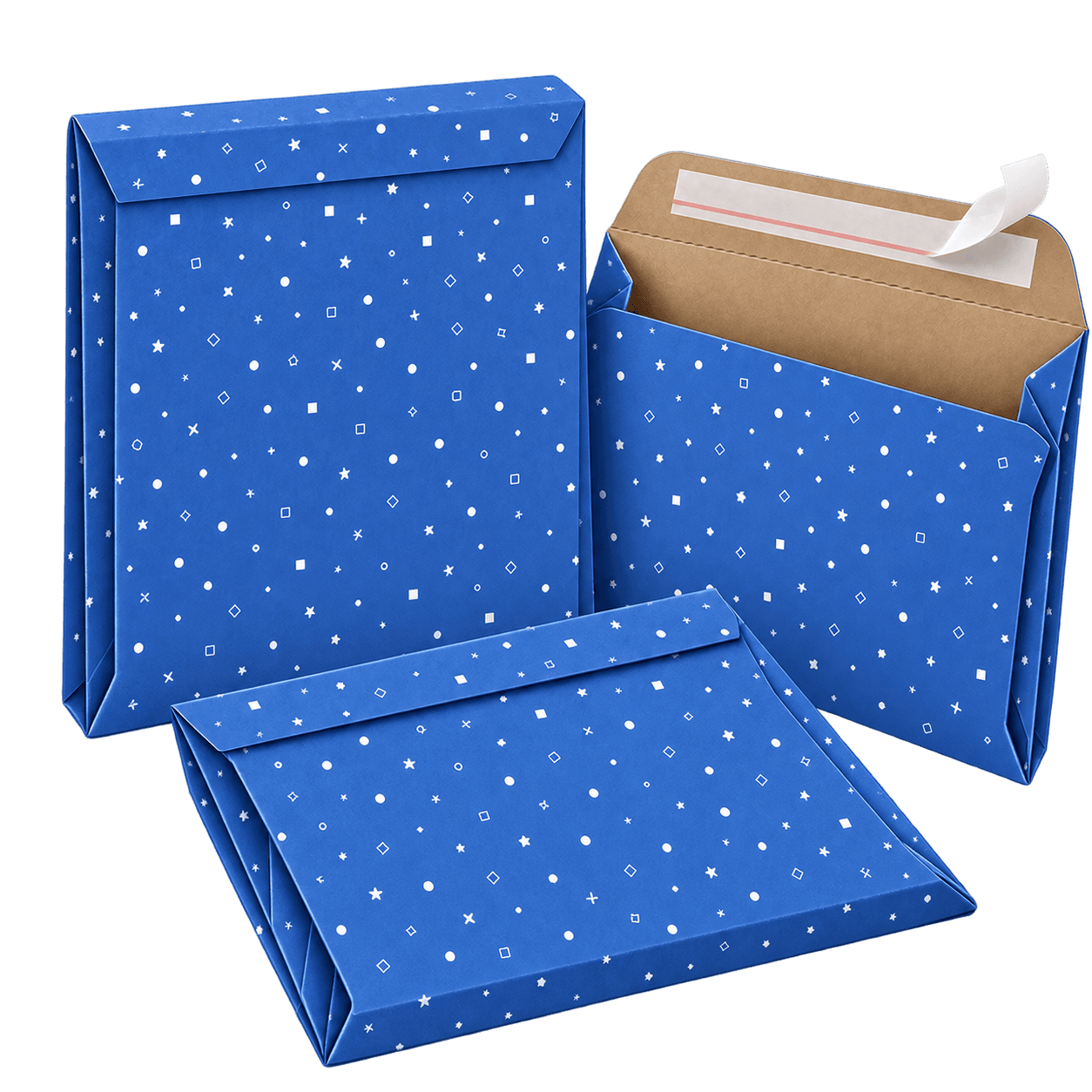 Custom mailing envelopes with blue geometric print, gusseted sides and a peel-and-seal closure.