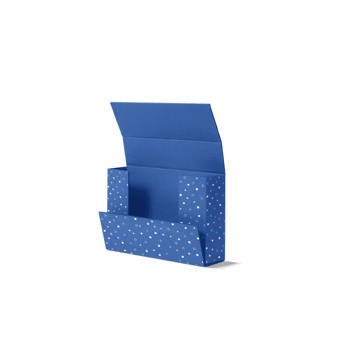 One piece folder boxes with flat fold-over corrugated panels and printed branding, displayed for books, documents and slim product mailing.