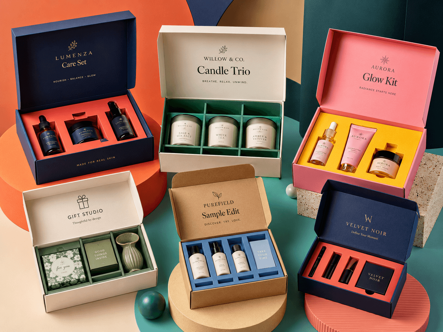 Cardboard box inserts and dividers arranged with product packaging samples.