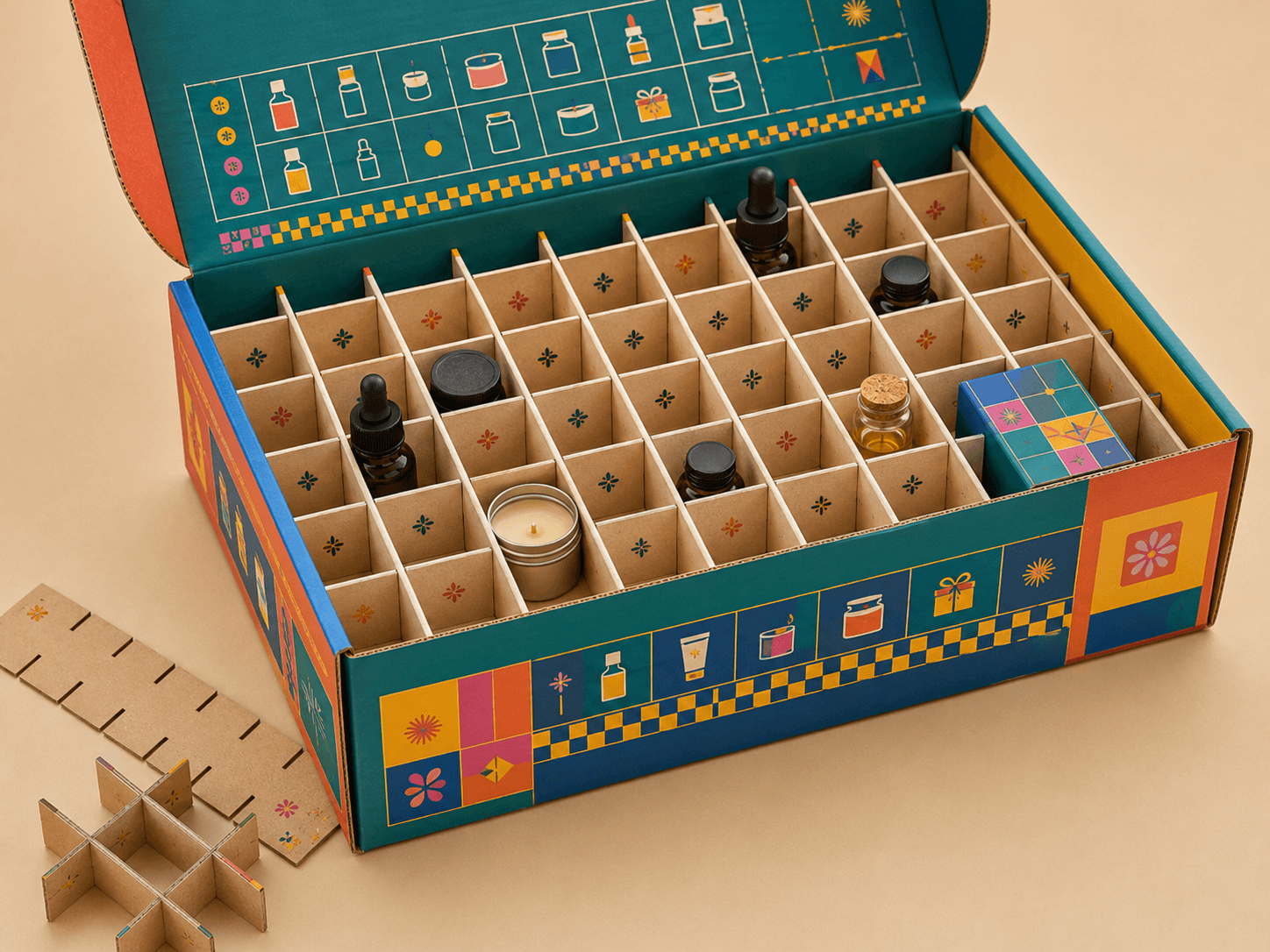 Open custom box with grid-style cardboard cell dividers separating small bottles and jars into individual compartments.