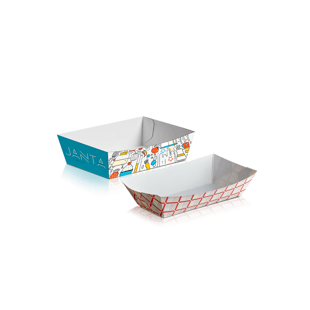 Custom food trays with printed cardboard packaging for takeaway meals, snacks and restaurant service