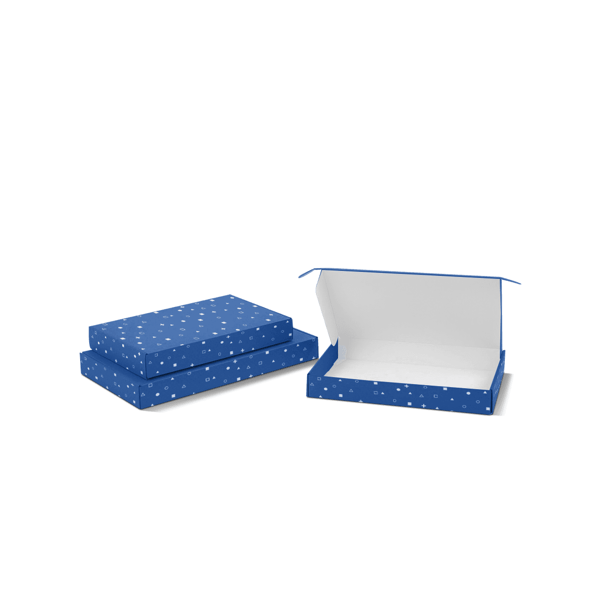 Slim letterbox boxes in printed corrugated board, shown with shallow depth and neat tuck closures for products designed to fit through letterboxes.
