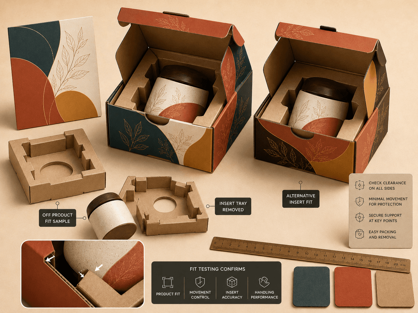 Custom packaging fit testing scene with product in box, insert spacing comparison and protective paperboard support.