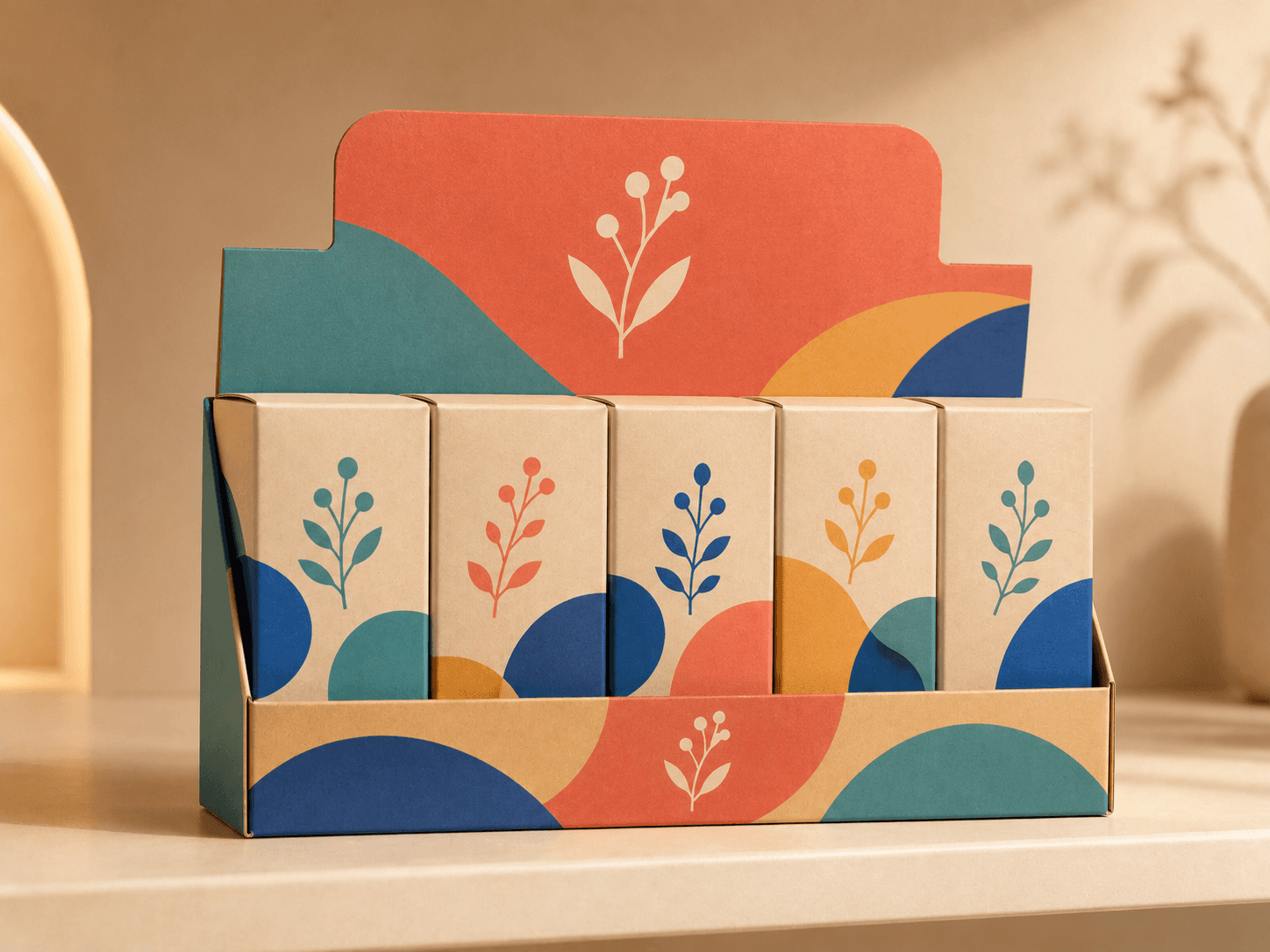 Colourful printed packaging designed for shelf and counter presentation