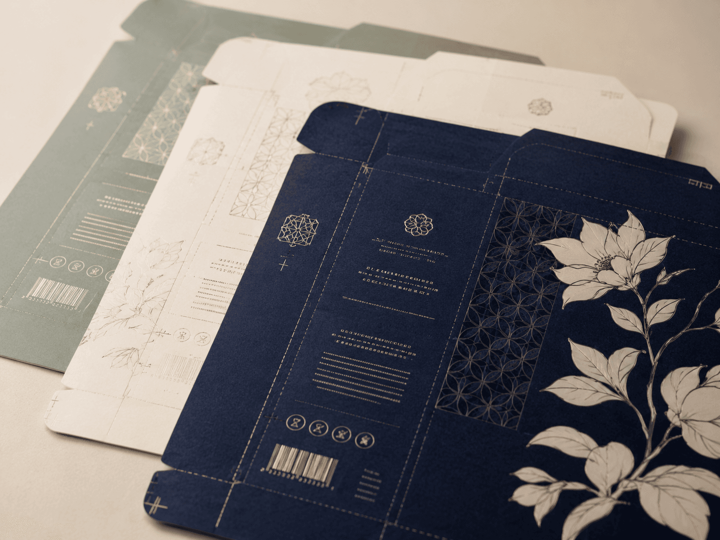 Close-up of aqueous coated packaging panels with a smooth protective finish and custom packaging artwork.