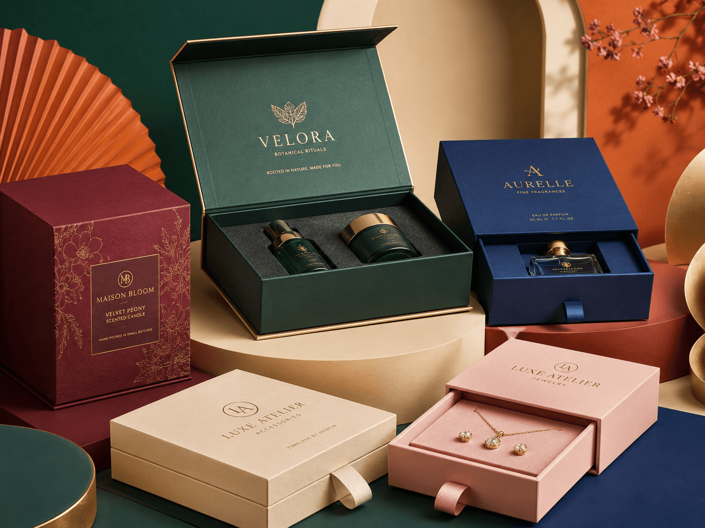 Luxury rigid boxes with wrapped paper, soft-touch finish and premium product presentation.