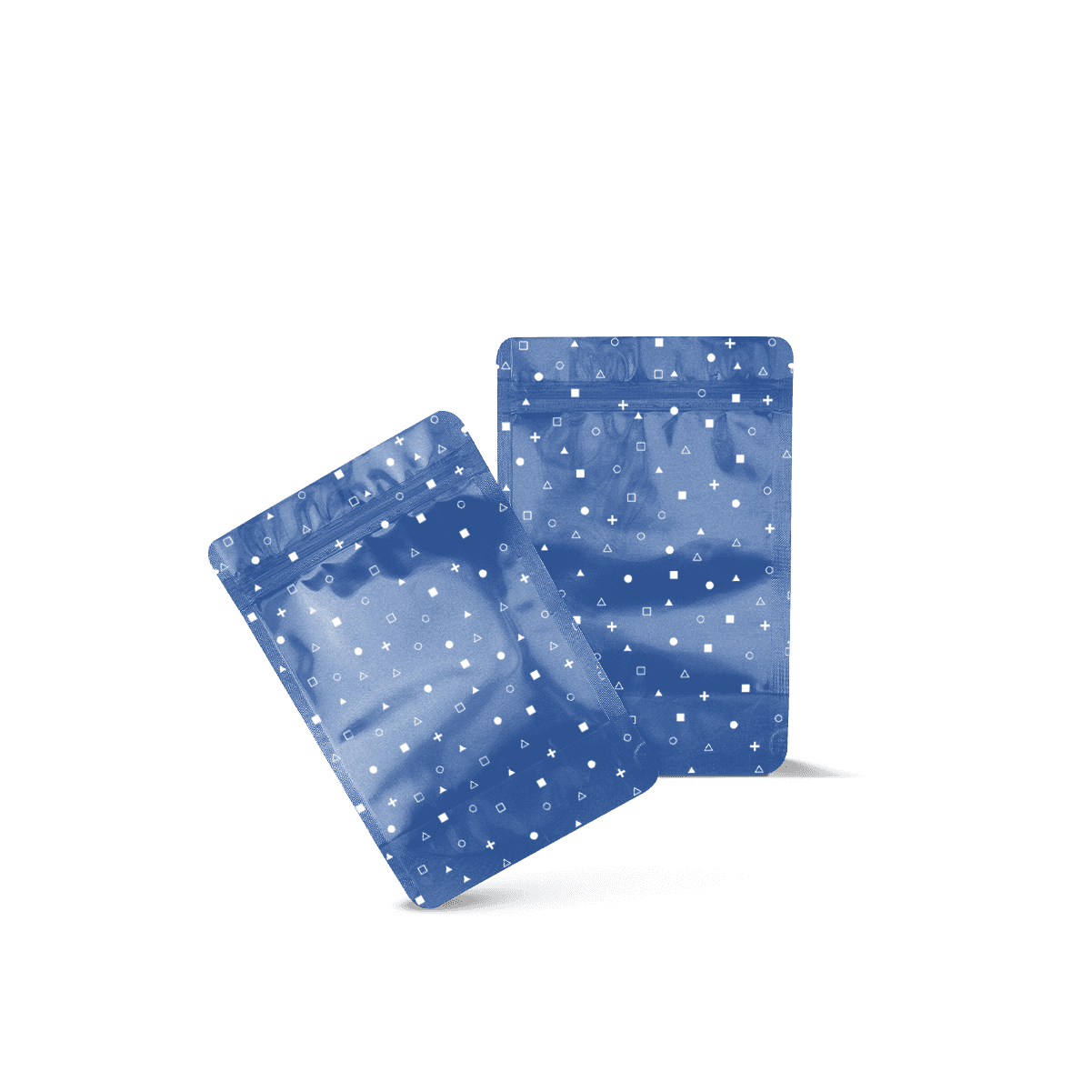 Flat printed mylar bags with slim sealed edges and smooth branded surfaces, arranged for lightweight samples, single items and compact product packaging.