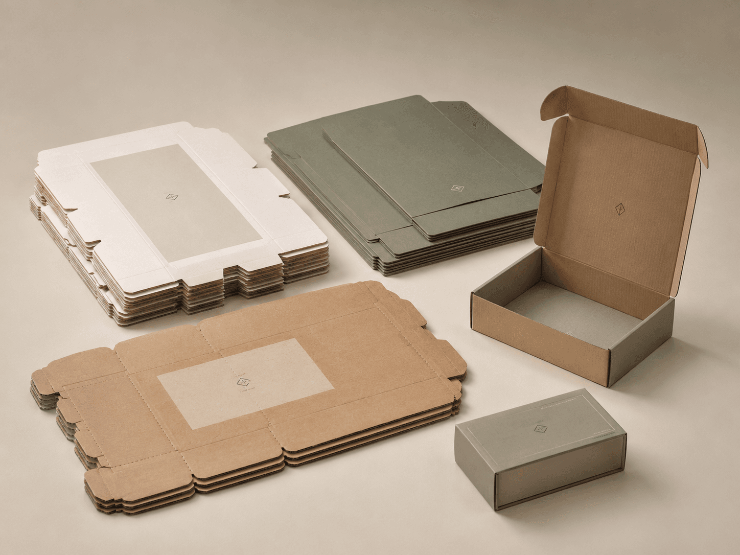 Flat-packed cartons, sleeves and mailer boxes arranged to show efficient storage and quick packaging assembly.