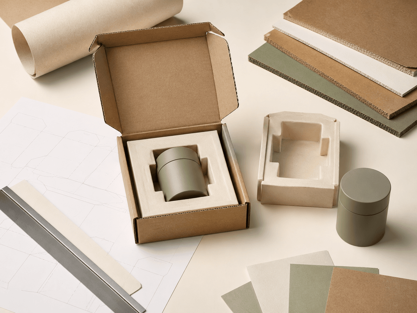 Packaging design workspace with a compact cardboard mailer, product insert and dieline sheets for right-sized packaging.